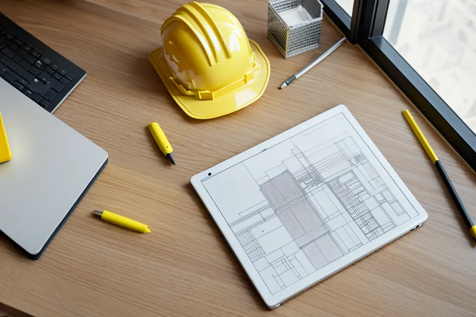 Ein robustes Tablet mit Baustellen-Software auf einer Holzplanke im Außenbereich.