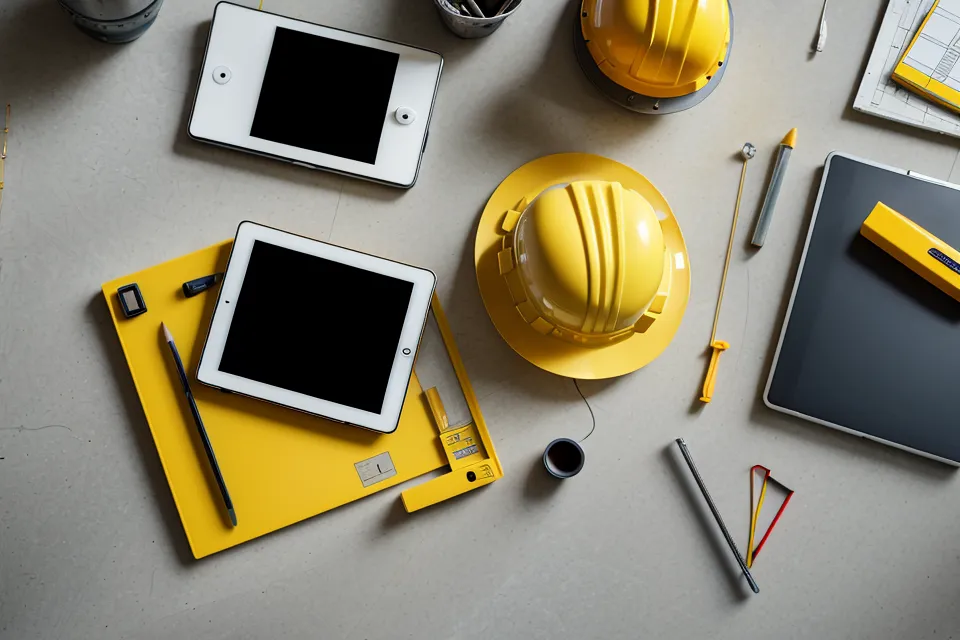 Nahaufnahme eines Tablets auf der Baustelle mit Baumanagement-Software.