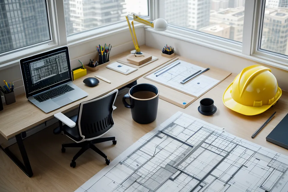 Blick aus dem Baubüro auf eine Baustelle mit Fokus auf digitale Arbeitsgeräte.