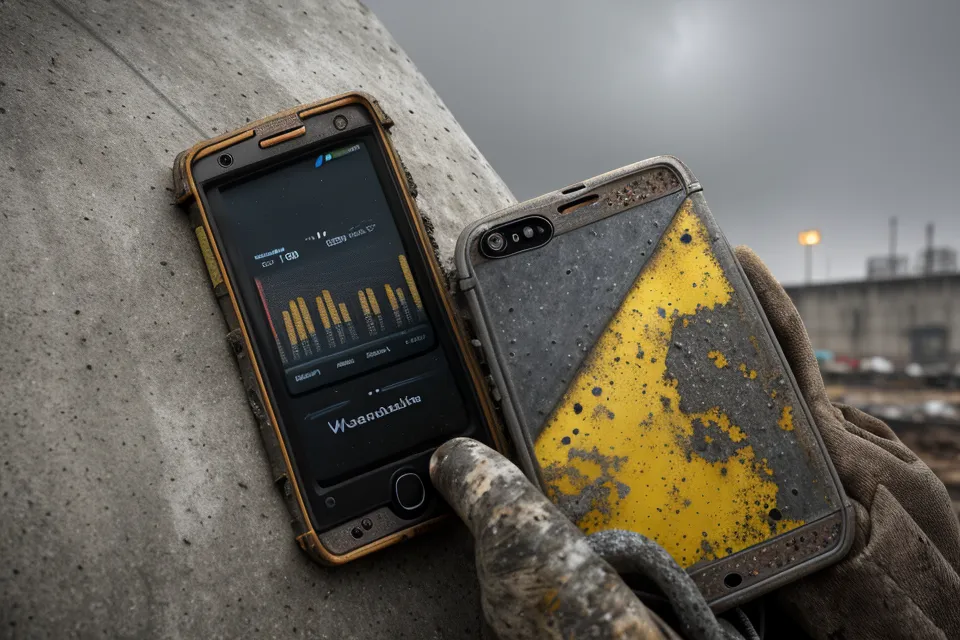 Polier nutzt Bautagebuch App auf der Baustelle am Smartphone
