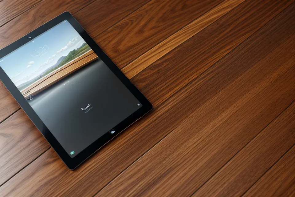 Tablet zeigt ein Detailfoto einer Übergangsschiene auf einem Parkettboden zur Beweissicherung.