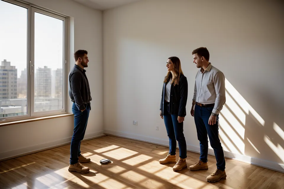 Bauleiter und Kunde besprechen die Abnahme eines hochwertigen Holzbodens in einem Neubau.