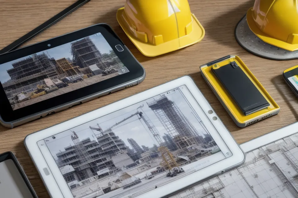 Smartphone mit digitalem Bautagebuch und Fotos einer Baugrube in der Hand.