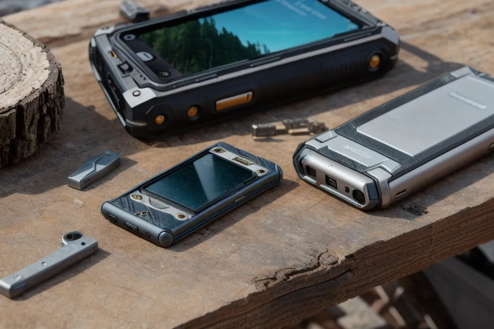 Smartphone mit Bausoftware liegt auf einem sägerauen Holzbalken auf der Baustelle.