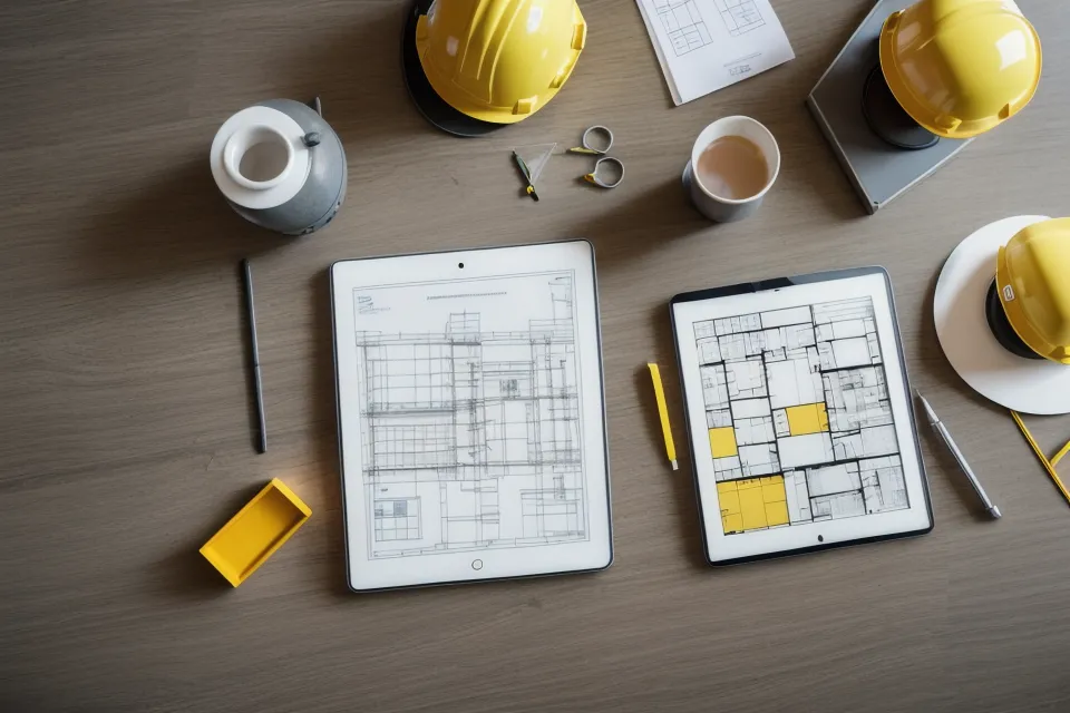 Tablet zeigt Fotogalerie einer Baustelle mit GPS-Daten und Zeitstempel zur Beweissicherung