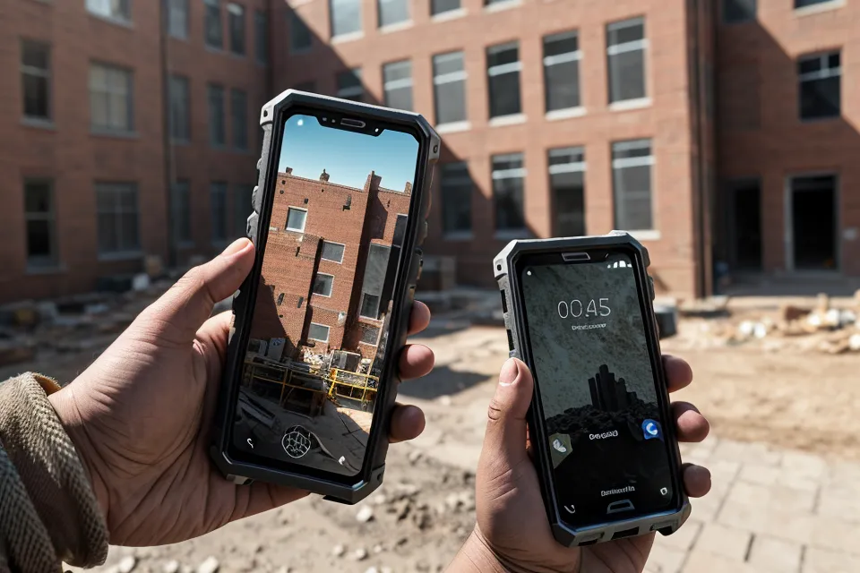 Smartphone auf der Baustelle zeigt die Zuordnung eines Fotos zum Leistungsverzeichnis in der Bauprogramm App.