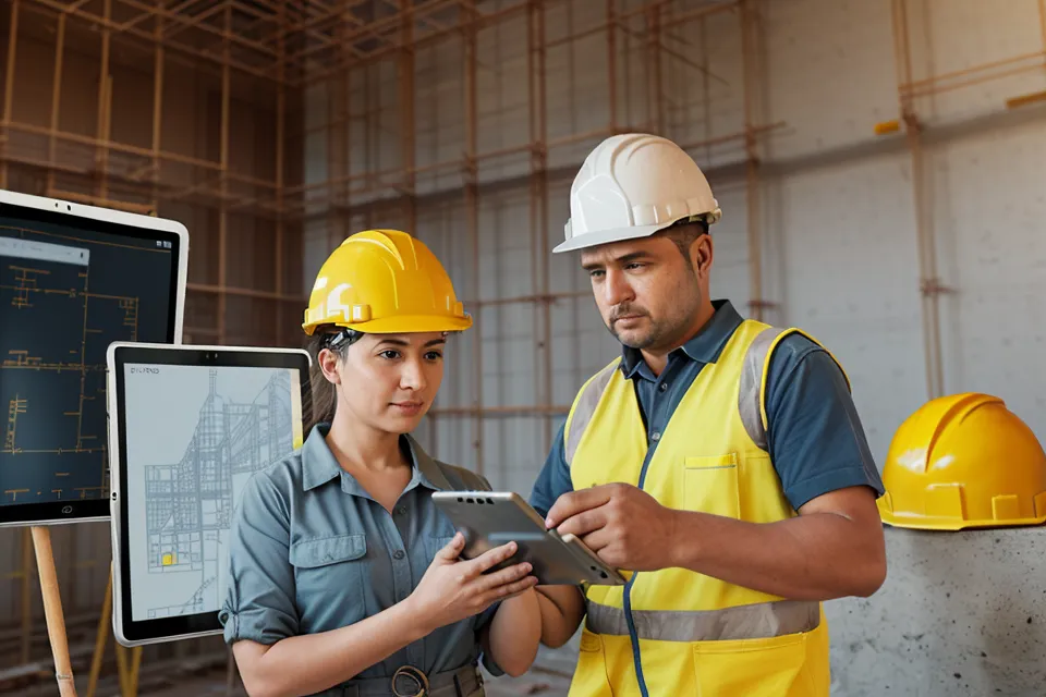 Digitale Dokumentation auf der Baustelle mit einem Tablet vor einer Betonwand.