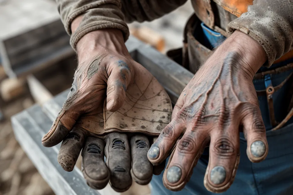 Nahaufnahme eines Poliers, der auf der Baustelle ein Tablet für das digitale Bautagebuch nutzt.