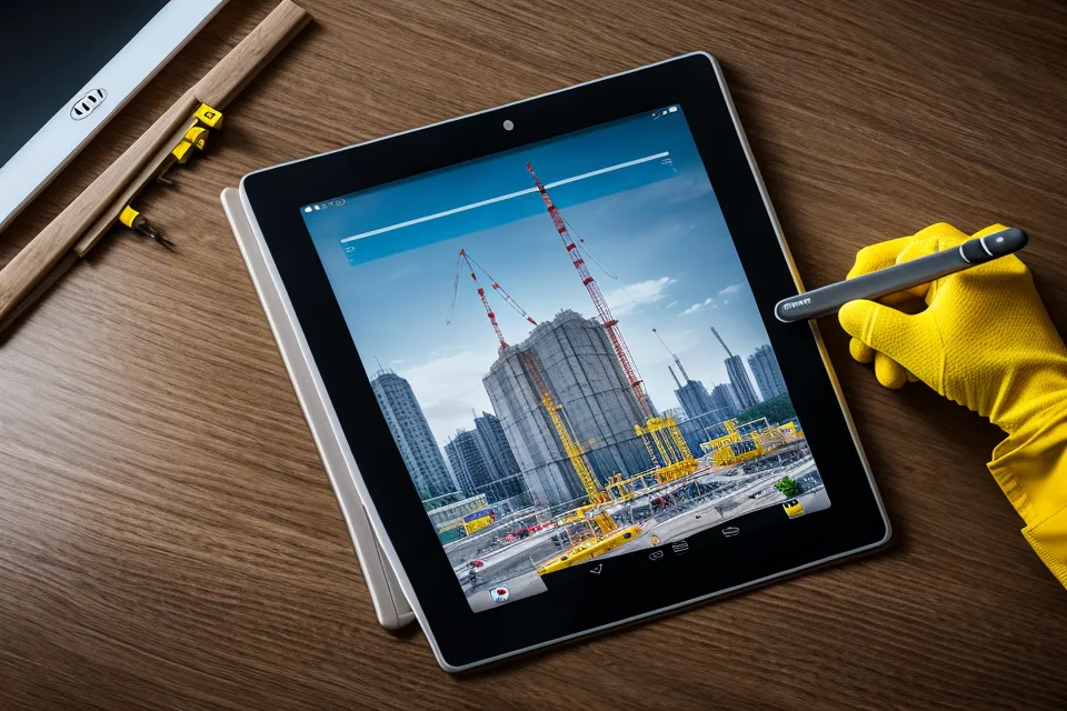 Digitaler Baubericht auf einem Tablet neben Arbeitshandschuhen auf der Baustelle.